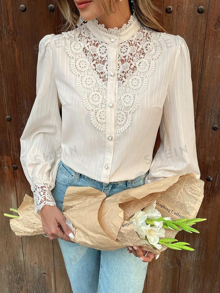 Pariaura Blusa elegante de mujer con contraste de encaje y manga larga de un solo abotonado
