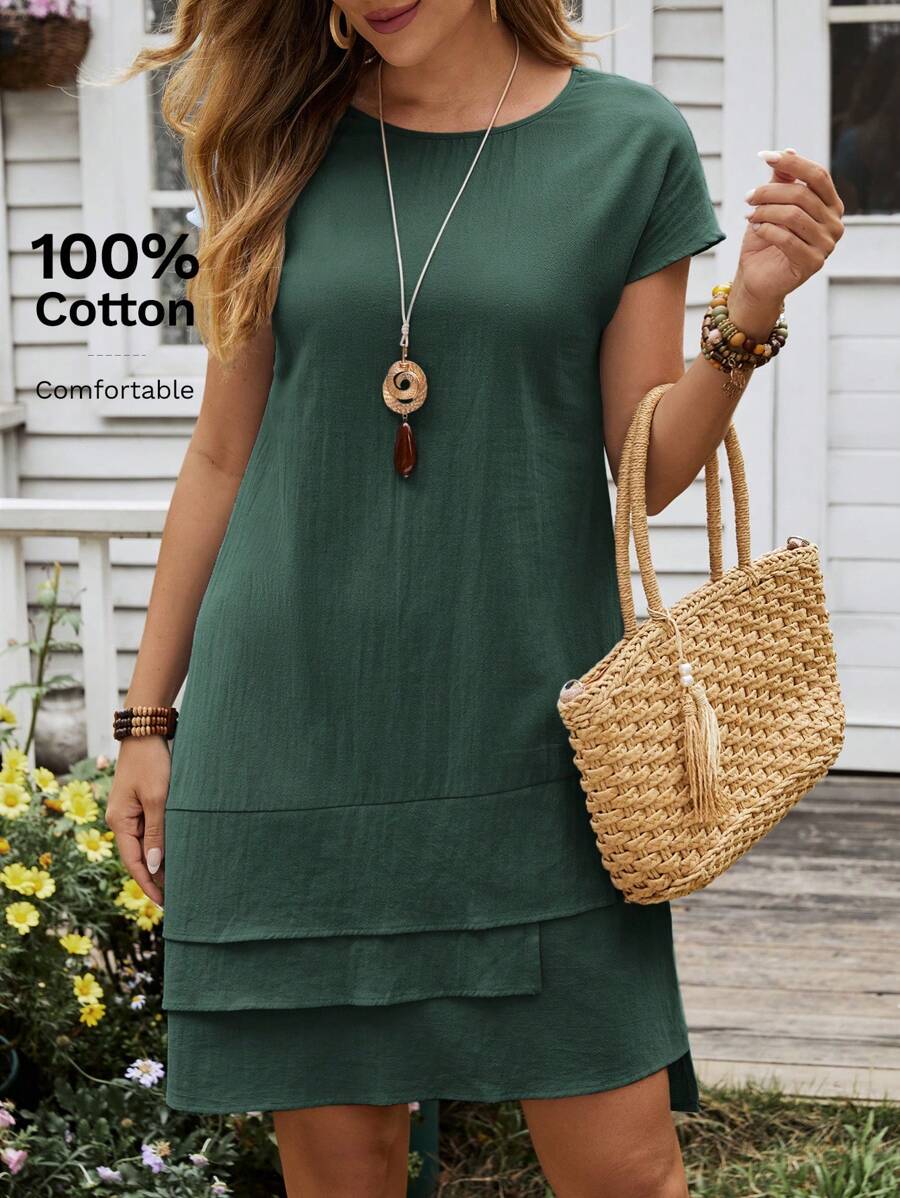 EMERY ROSE Women's Summer Multi-Hem Round Neck Short Sleeve Dress - Dark Green - View 1