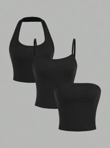 SHEIN Girlism Conjunto de 3 piezas para niña preadolescente: Camiseta de tirantes, Top corto de tirantes, Top sin tirantes - Negro - Ver 11