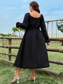 SHEIN Clasi Robe mi-longue princesse à manches bouffantes et taille marquée, tailles grandes - Noir - Voir 2