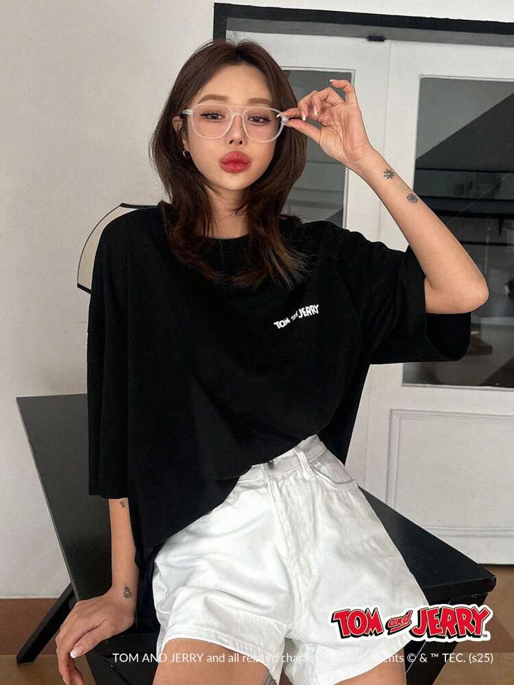TOM AND JERRY X DAZY Loose Fit Round Neck Letter Print Long Casual Women T-Shirt Cute Top Oversized T-Shirt, Graphic Tee, Teacher