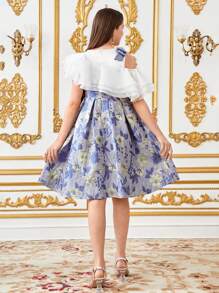 SHEIN Teen Girls' Elegant Asymmetrical Exaggerated Multi-Layer Ruffle Organza Patchwork Ruffle Jacquard Jacquard Pleated Dress - Blue - View 2