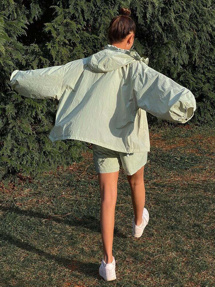 2pcs/Set Women Loose Hooded Long Sleeve Jacket And Shorts Set, Casual Sports, Spring/Summer,Fall Clothes Lounge Sets For Women