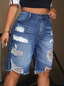 SHEIN ICON Quần short denim thường ngày có túi rách cho nữ cỡ lớn - Rửa trung bình - Xem 5