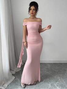 Elenzga Women's Elegant Solid Color Off Shoulder Mermaid Dress - Pink - View 4