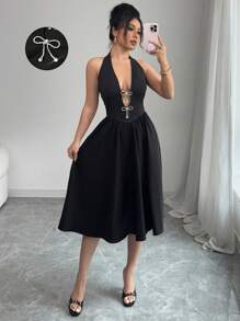 Selianne 女士优雅性感水钻蝴蝶结露背吊带中长连衣裙