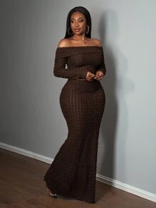 Slaydiva 优雅派对露肩长袖上衣和裙子女士套装 - A - 棕色 - 查看 5