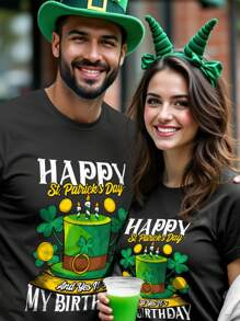 Manfinity Homme St Patricks Lucky Day Spring Clothes Men's Casual Lucky Clover Letter Print Short Sleeve T-Shirt