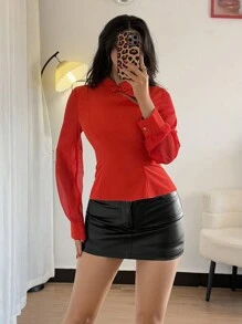 Chiquease Blusa Feminina Chinesa de Manga Longa, Gola Mandarim, Estilo Assimétrico em Tule Elegante com Recortes, Vermelha - Vermelho - Visão 6