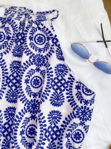 SHEIN Bộ đồ liền thân hở lưng in họa tiết hình học màu xanh và trắng cho bé gái tuổi teen, phù hợp cho phong cách đi nghỉ - Xanh và trắng - Xem 7