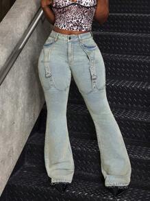 SHEIN Slayr Niche Design Vintage Washed American Style Slim-Fit Fashionable Flared Women Jeans, Suitable For Autumn