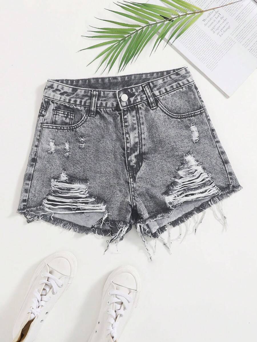 Women's Front Button Pocket Distressed Simple Casual Denim Shorts - Light Grey - View 1