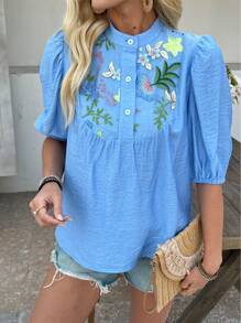 SHEIN Clasi Women's Blue Short Sleeve Shirt, Mesh Embroidered Woven Fabric, Simple Fashion Style With Buttons - Blue - View 7