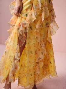 Enchnt 春夏浪漫女士黄色花卉印花细肩带欧根纱开衩连衣裙，甜美优雅性感太阳裙，适合婚礼季节、节日、度假、甜蜜约会和毕业季节，女士夏季服装，优雅连衣裙 - 黃色 - 查看 2
