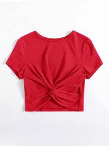 SHEIN EZwear Áo thun xoắn lại màu trơn Giải trí - Đỏ - Xem 3