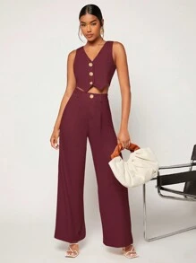 BizChic 2pcs Women Khaki Asymmetric Hem Vest Jacket & Wide Leg Work Pants Set