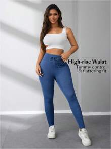 EMERY ROSE Jeans elásticos azules de punto entallados para mujer con cintura elástica y cordón, de moda y versátiles, aptos para primavera/otoño
