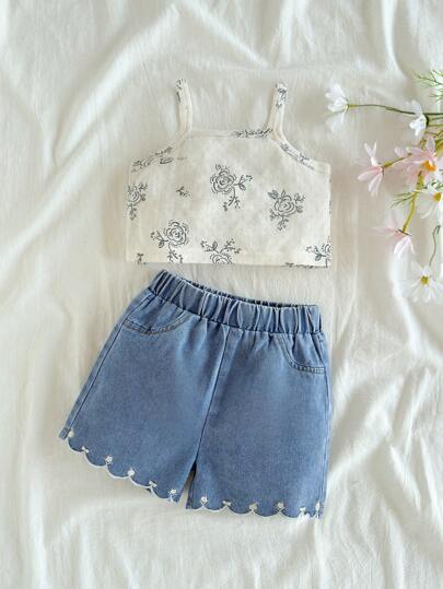Vintaside Kids Babygirl 2 件套轻盈贴身可爱花卉印花吊带背心搭配时尚休闲刺绣牛仔裤套装，非常适合夏季，花卉印花增添俏皮迷人元素，牛仔裤和上衣相得益彰，为宝宝打造时尚舒适的装扮