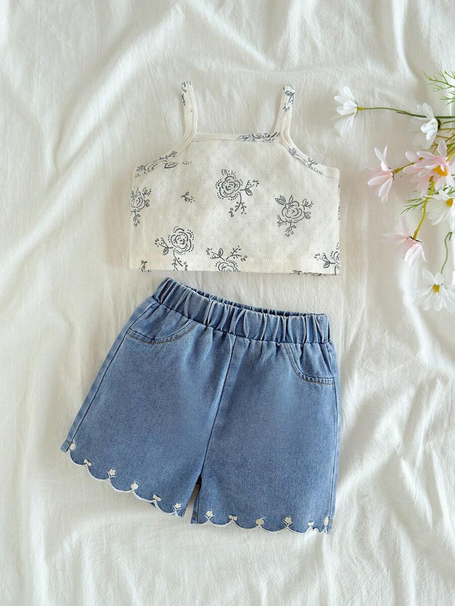Vintaside Kids Babygirl 2 件套轻盈贴身可爱花卉印花吊带背心搭配时尚休闲刺绣牛仔裤套装，非常适合夏季，花卉印花增添俏皮迷人元素，牛仔裤和上衣相得益彰，为宝宝打造时尚舒适的装扮 - 彩色 - 查看 1