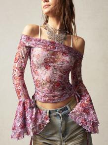 Bohemela 女士时尚性感露肩透视蕾丝喇叭袖衬衫 - 淺灰紫 - 查看 6