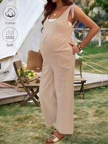 SHEIN Maternity Solid Color Casual Jumpsuit, Stylish And Practical For Daily Wear - Khaki - View 3