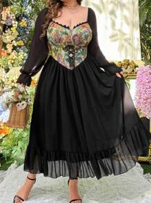 Lyrianda Plus Size Women Fashion Palace Style Puff Sleeve Floral Jacquard Patchwork Dress - Multicolor - View 6
