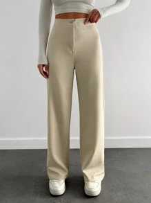 EURMUSE Women's Solid Color High Waist Straight Loose Casual Pants - Beige - View 1