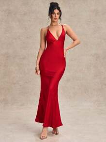 SHEIN BAE 红色优雅深 V 领露背系带缎面吊带裙，适合鸡尾酒会、浪漫约会、聚会、正式场合、伴娘礼服、情人节、婚礼派对 - 紅色 - 查看 3