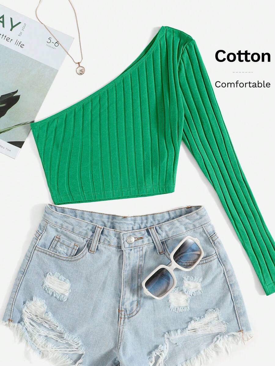 SHEIN EZwear 單肩羅紋針織短版上衣 - 綠色 - 查看 1