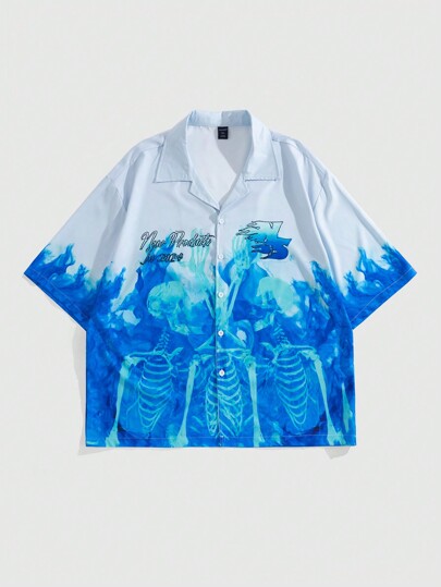 Goth Camisa casual de hombre de manga corta con botones delanteros y estampado, use minimalista para todos los días