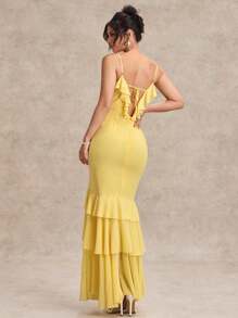 SHEIN BAE Vestido elegante con espalda descubierta, adecuado para boda, dama de honor y baile de graduación, de unicolor, de gasa, con volantes y abertura en la parte delantera, para mujer, para primavera y verano - Amarillo - Ver 2