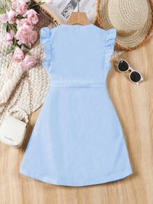 SHEIN Elladie kids 年轻女孩优雅纯色荷叶边袖连衣裙 - 藍色 - 查看 2
