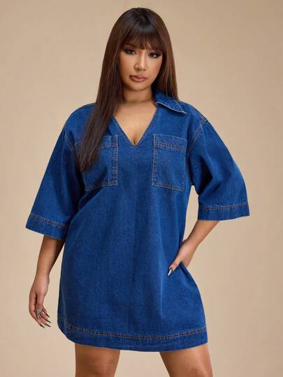 Forever 21 春季新款翻领V领中袖宽松H型洗水牛仔大码女式迷你休闲连衣裙