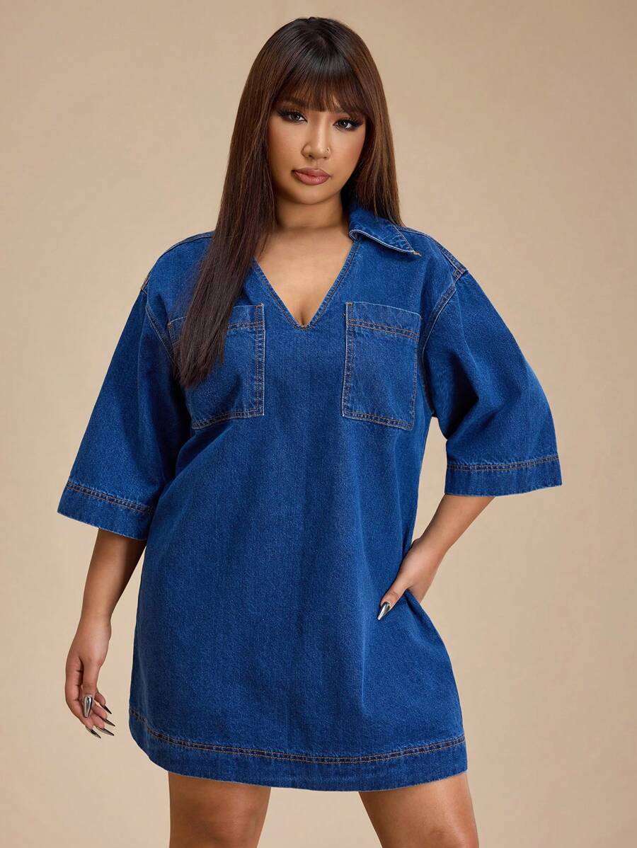 Forever 21 春季新款翻领V领中袖宽松H型洗水牛仔大码女式迷你休闲连衣裙 - 藍色 - 查看 1