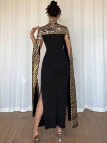 Rafferiza 女士优雅金箔装饰立领长喇叭袖收腰紧身连衣裙 - 黑色 - 查看 3