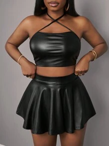 Slaydiva 新款春夏休闲街头性感交叉挂脖吊带短背心+伞裙A字摆裙黑PU女两件套-B