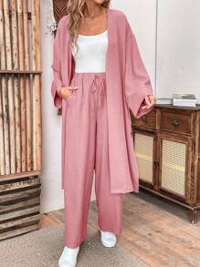 Chiquease 2 件套女士亚麻宽松休闲套装，包括超大长夹克和宽松长裤，秋季 - 粉色 - 查看 4