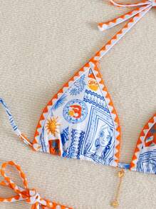 SHEIN Swim Swim Mod Women Summer Beach Holiday Random Print Ruffle Trim Top And Side Tie 2pcs Bikini Swimwear Set - Multicolor - View 3