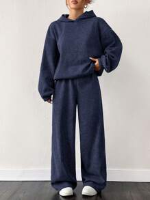 SHEIN EZwear 海军蓝保暖内衬宽松落肩连帽衫和阔腿运动裤两件套 - 藏蓝色 - 查看 6