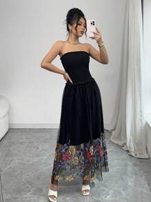 SHEIN Unity 女士花卉刺绣抹胸长裙，休闲简约 - 黑色 - 查看 4