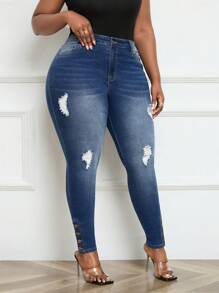 SHEIN EZwear Plus Size Sexy Slim Fit Ripped Denim Jeans, Blue - Medium Wash - View 6