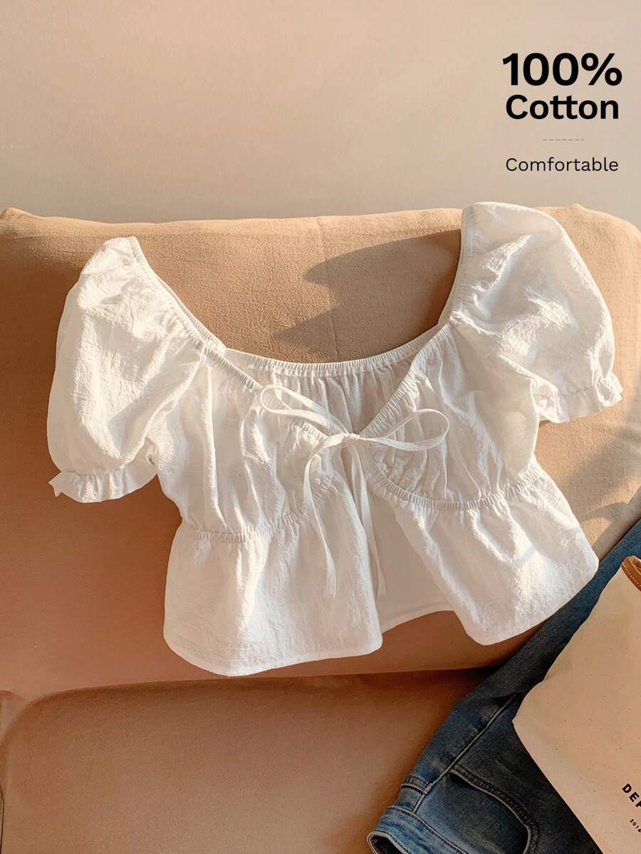 Comfortcana 白色编织系带衬衫，心形领，短袖上衣 - 白色 - 查看 1