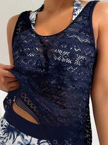 Swim Lushoire 女士 3 件套沙滩装，深 V 椰子树印花短裤搭配镂空针织和服和吊带背心，成熟度假风格，适合新年， - 藏蓝色 - 查看 6