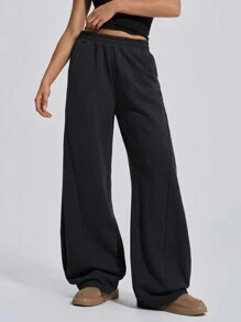 SHEIN Tall Wide Leg Elastic Waist Track Pants, Seam Design, Fall Clothes - Dark Grey - View 4