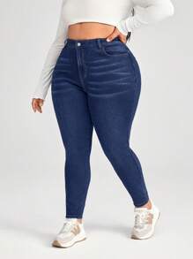 SHEIN CURVE+ 黑色加大码牛仔裤 紧身弹力长裤 经典百搭 - 中等水洗藍 - 查看 5