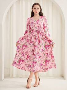 SHEIN 少女碎花 V 领荷叶边袖连衣裙