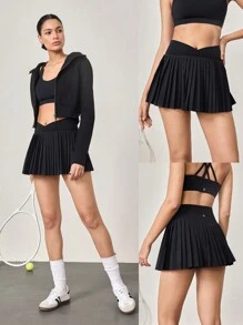 GLOWMODE 让我们玩吸汗弹力中腰交叉腰褶皱网球裙内置短裤侧袋网球高尔夫日常 - 黑色 - 查看 11