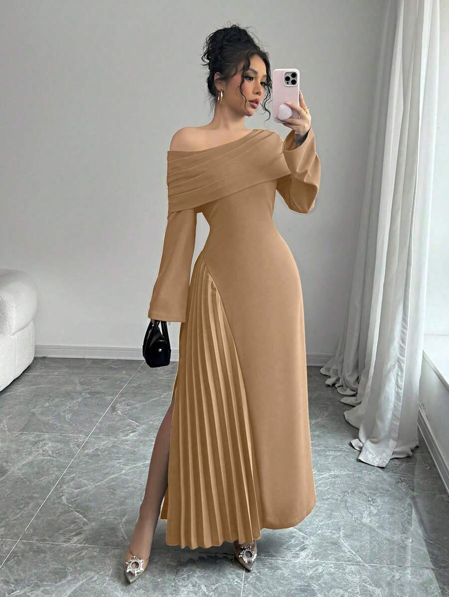 Elenzga 女士优雅时尚通勤迷人派对斜肩不对称下摆褶皱纯色长裙