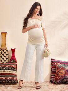 SHEIN 孕妇斜肩修身纯色3D花卉装饰休闲T恤 - 米色 - 查看 4