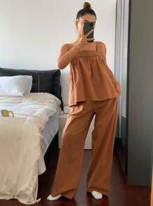 DAZY Simple Wide Strap Ruched Design Top And Loose Straight Leg Pants Pajama Set - Khaki - View 5